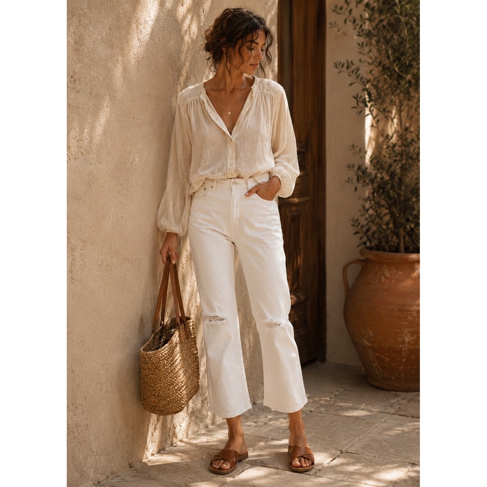 Pilcro Wide Leg Jeans Women 32 White High Rise Distressed Cropped Anthropologie